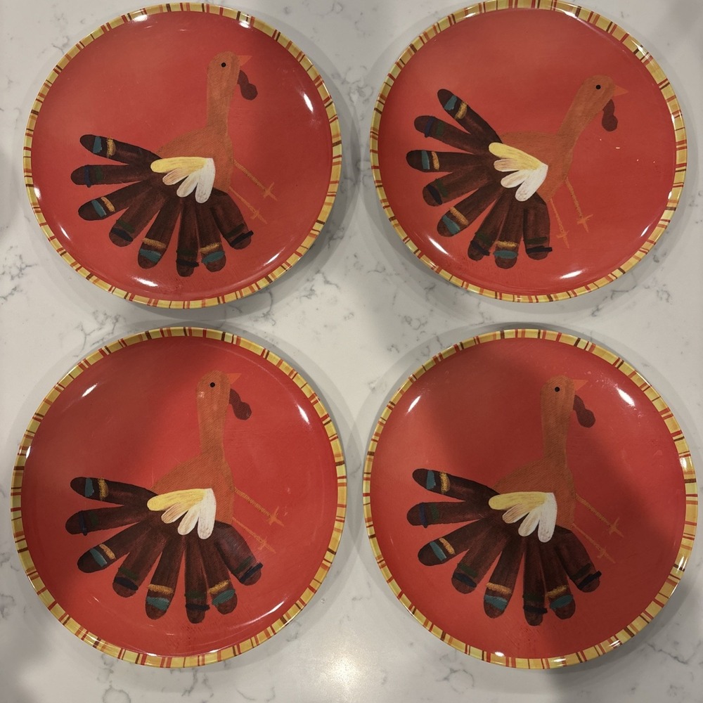 Set of 4 Pottery Barn Kids Thanksgiving Plates Melamine 10" Turkey Fall